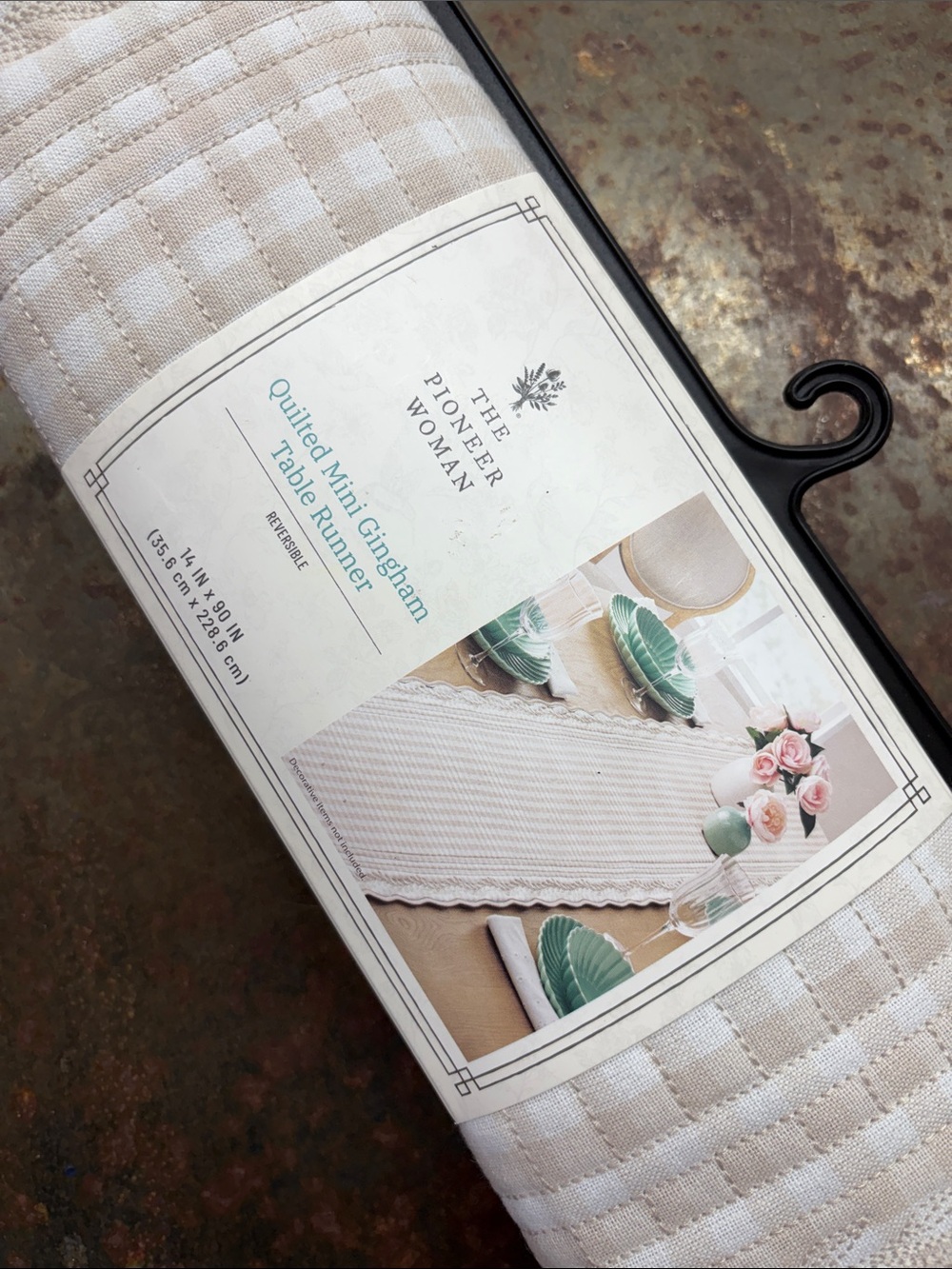 The Pioneer Woman French Oak Reversible Quilted Mini Gingham Table Runner. 14x90